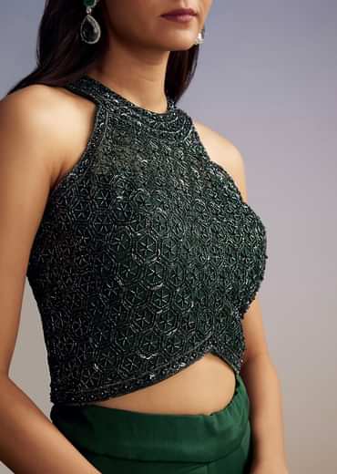 Green Chinon Crop Top Set With Sequins Work And Dupatta