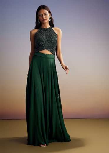 Green Chinon Crop Top Set With Sequins Work And Dupatta