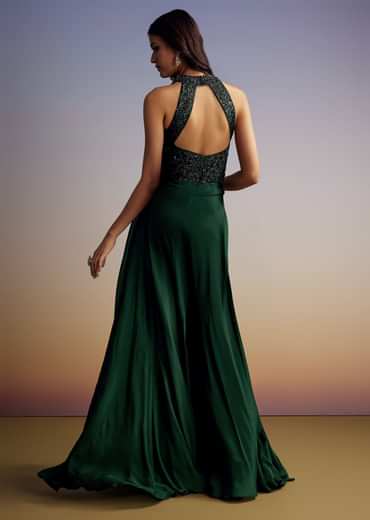 Green Chinon Crop Top Set With Sequins Work And Dupatta