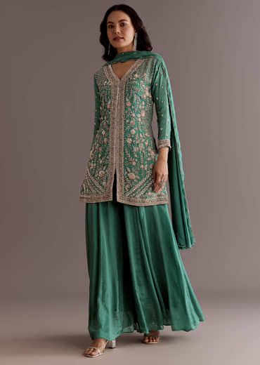 Green Chinon Cudtana Embroidered Kurta Palazzo Suit