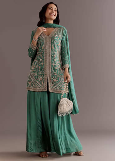 Green Chinon Cudtana Embroidered Kurta Palazzo Suit