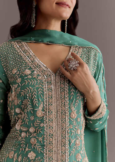 Green Chinon Cudtana Embroidered Kurta Palazzo Suit