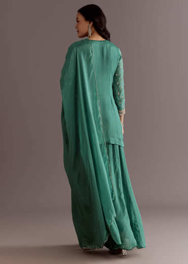 Green Chinon Cudtana Embroidered Kurta Palazzo Suit