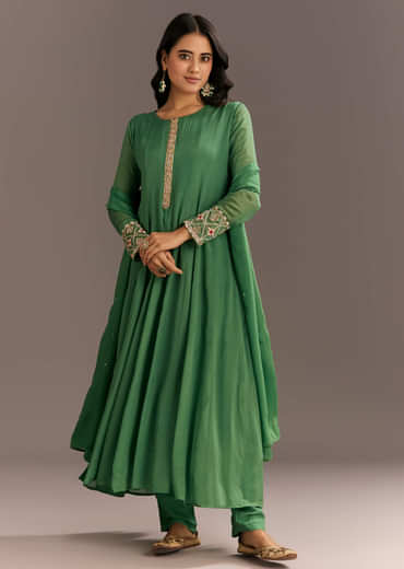 Green Chinon Kurta With Zardosi Moti Work On Neckline And Sleeves