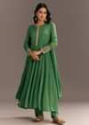 Green Chinon Kurta With Zardosi Moti Work On Neckline And Sleeves
