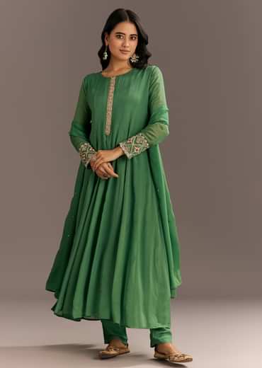 Green Chinon Kurta With Zardosi Moti Work On Neckline And Sleeves