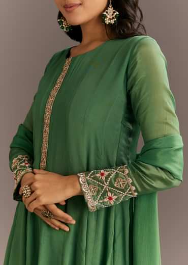 Green Chinon Kurta With Zardosi Moti Work On Neckline And Sleeves