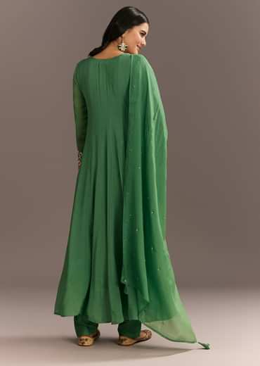 Green Chinon Kurta With Zardosi Moti Work On Neckline And Sleeves