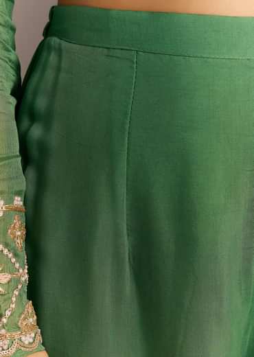 Green Chinon Kurta With Zardosi Moti Work On Neckline And Sleeves