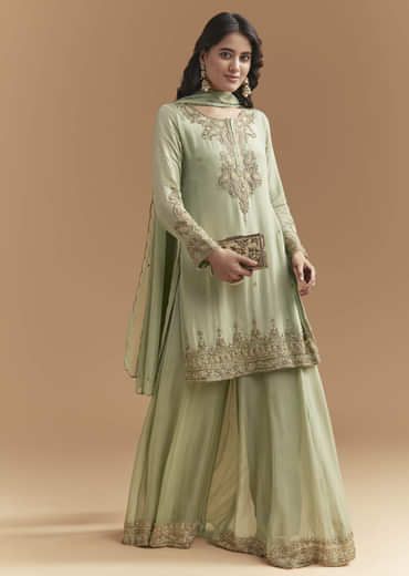 Green Chinon Palazzo Suit With Moti And Cutdana Embroidery