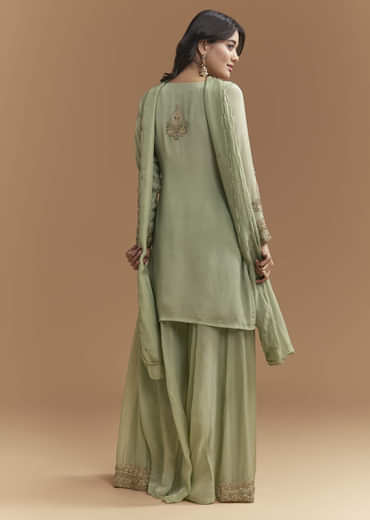 Green Chinon Palazzo Suit With Moti And Cutdana Embroidery