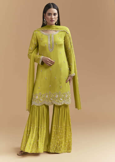 Green Chinon Sharara Suit With Heavy Hand Embroidery