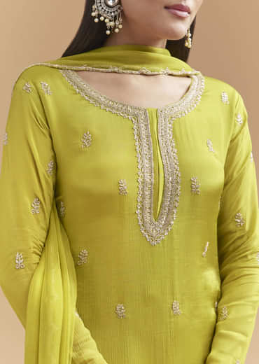 Green Chinon Sharara Suit With Heavy Hand Embroidery