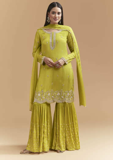 Green Chinon Sharara Suit With Heavy Hand Embroidery