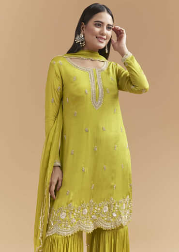 Green Chinon Sharara Suit With Heavy Hand Embroidery