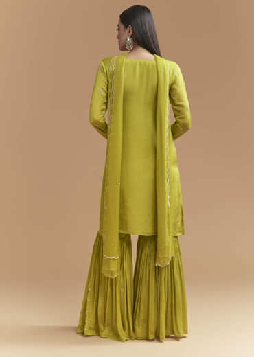 Green Chinon Sharara Suit With Heavy Hand Embroidery
