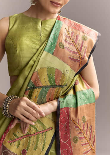 Green Cotton Authentic Hand Painted Saree With Contrast Border