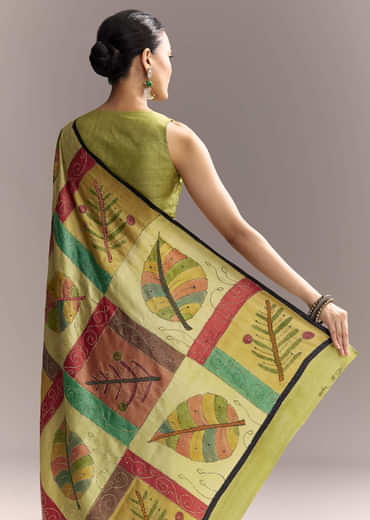 Green Cotton Authentic Hand Painted Saree With Contrast Border