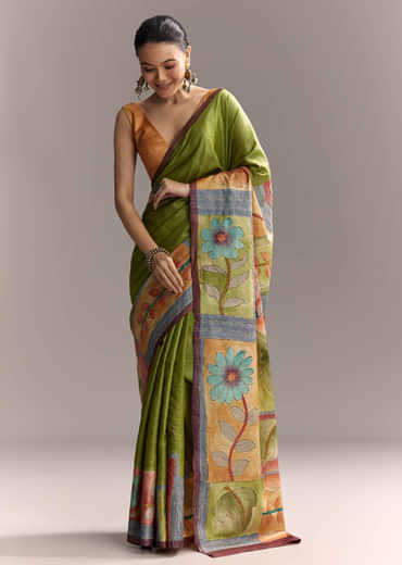 Green Cotton Saree With Hand Painted Floral Motifs And Contrast Border