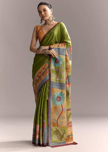 Green Cotton Saree With Hand Painted Floral Motifs And Contrast Border