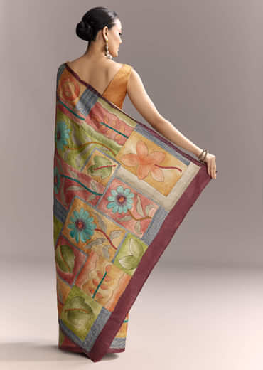 Green Cotton Saree With Hand Painted Floral Motifs And Contrast Border