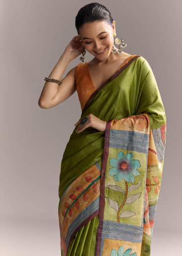 Green Cotton Saree With Hand Painted Floral Motifs And Contrast Border
