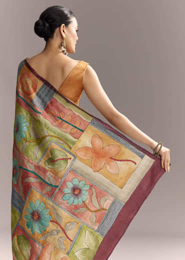 Green Cotton Saree With Hand Painted Floral Motifs And Contrast Border