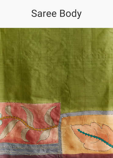 Green Cotton Saree With Hand Painted Floral Motifs And Contrast Border