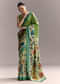 Green Cotton Saree With Hand Painted Motifs And Blue Border