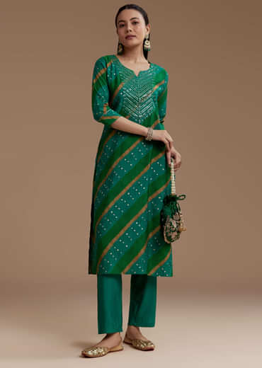 Green Cotton Silk Kurta Set with Foil Mirrors
