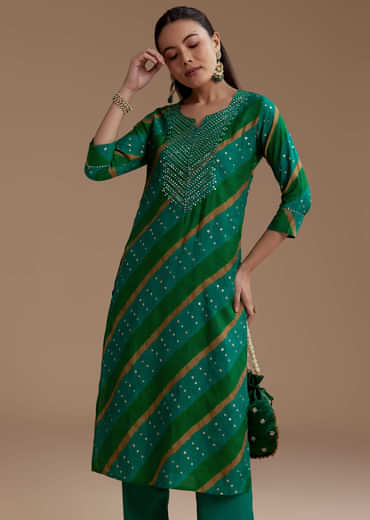 Green Cotton Silk Kurta Set with Foil Mirrors