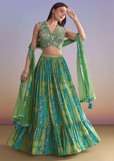 Green Crepe Bridesmaid Lehenga With Paisley Print