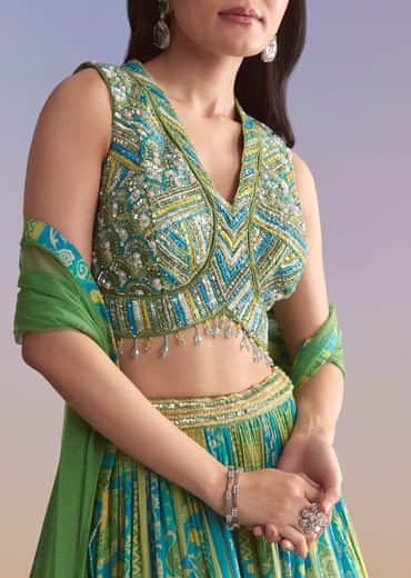 Green Crepe Bridesmaid Lehenga With Paisley Print