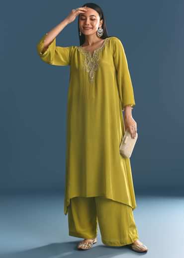 Green Crepe Gold Zardosi Kurta Pant With Dupatta