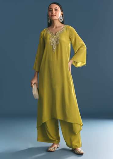 Green Crepe Gold Zardosi Kurta Pant With Dupatta