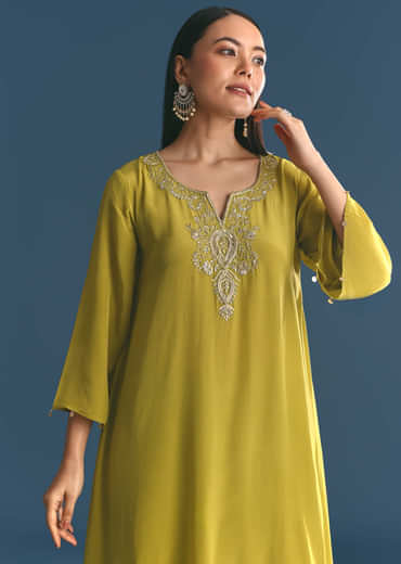 Green Crepe Gold Zardosi Kurta Pant With Dupatta