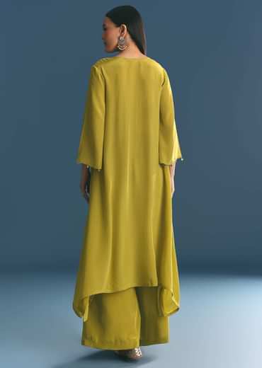 Green Crepe Gold Zardosi Kurta Pant With Dupatta