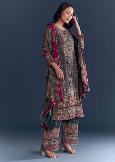 Green Crepe Kurta Set Fresh With Indie Print And Zari Work