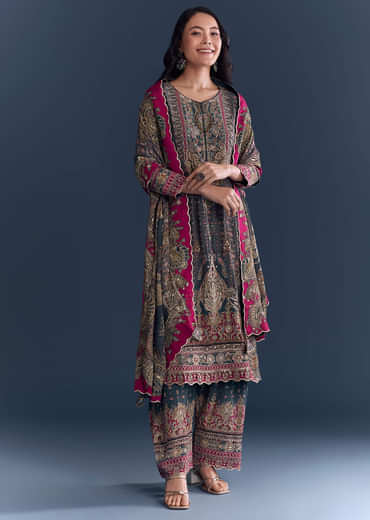 Green Crepe Kurta Set Fresh With Indie Print And Zari Work