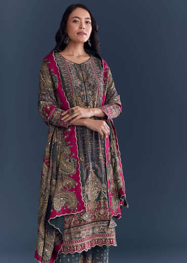 Green Crepe Kurta Set Fresh With Indie Print And Zari Work