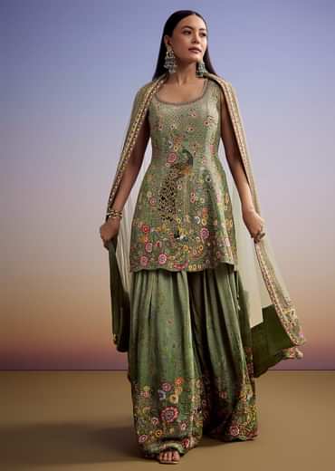 Green Crepe Palazzo Suit With Floral Print And Stone Work