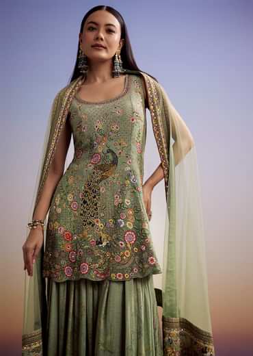 Green Crepe Palazzo Suit With Floral Print And Stone Work