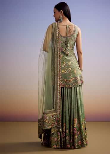 Green Crepe Palazzo Suit With Floral Print And Stone Work