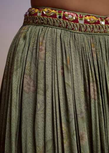 Green Crepe Palazzo Suit With Floral Print And Stone Work