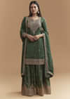 Green Crepe Palazzo Suit With Hand Embroidery And Bandhani Print