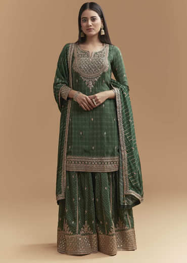 Green Crepe Palazzo Suit With Hand Embroidery And Bandhani Print