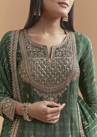 Green Crepe Palazzo Suit With Hand Embroidery And Bandhani Print