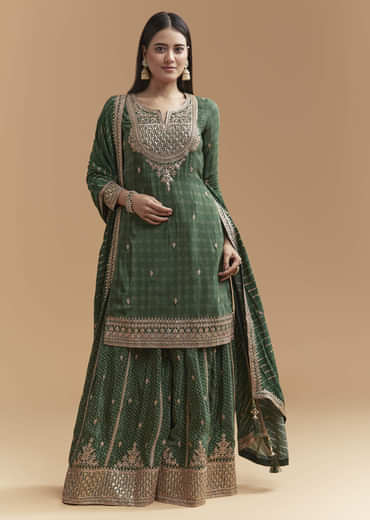 Green Crepe Palazzo Suit With Hand Embroidery And Bandhani Print