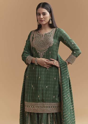Green Crepe Palazzo Suit With Hand Embroidery And Bandhani Print