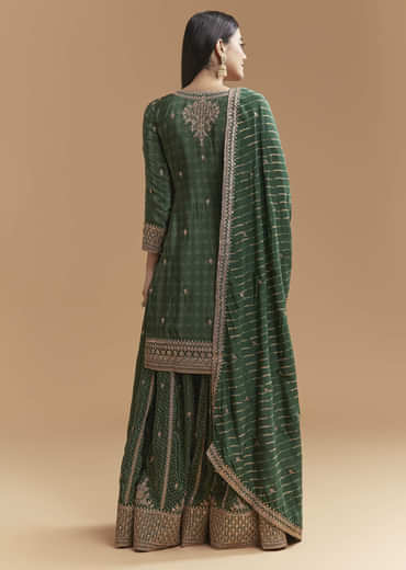 Green Crepe Palazzo Suit With Hand Embroidery And Bandhani Print
